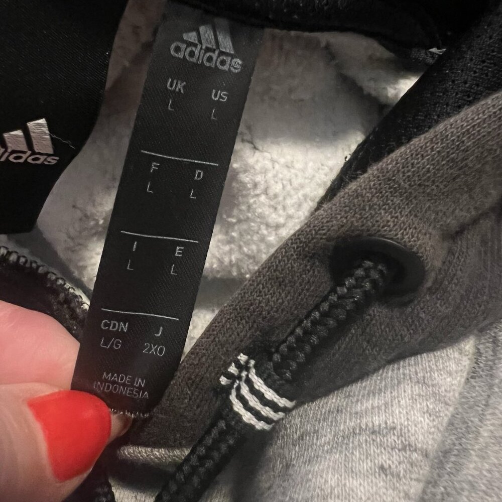 Adidas Mens Size L Gray Black Sweatshirt Hoodie Kangaroo Pocket Logo Athleisure - Picture 3 of 14